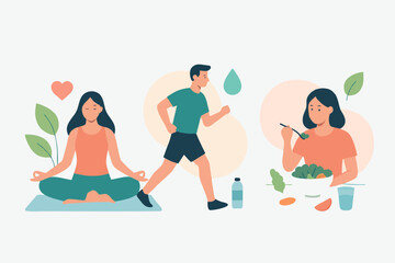 Vector illustration of people exercising, running, and eating healthy food.