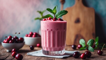 A cherry smoothie with mint leaves in a glass, surrounded by cherries and a bowl of cherries on a rustic wooden surface.