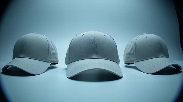 Three White Baseball Caps Aligned on White Surface with Soft Studio Lighting Showcasing Cap Details and Textures Placed