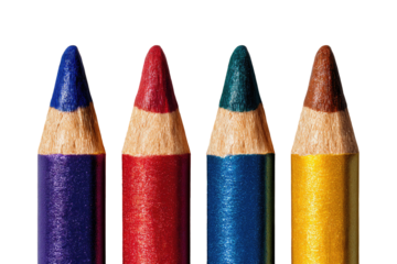 Close-up of four colored pencils, tips prominent
