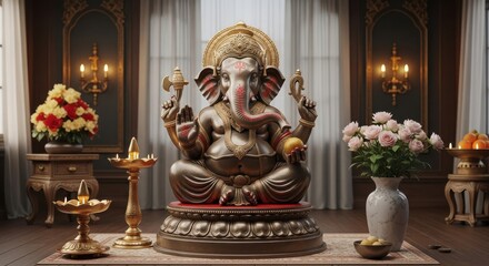 Obraz premium Grand Ganesha Statue Adorned in Traditional Indian Home