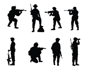 Soldier Army Navy Sniper pack set collection pack bundle black shape icon silhouette vector flat illustration design on white background