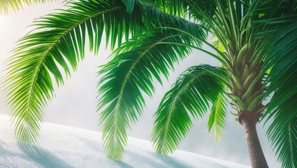 Fototapeta premium Tropical palm trees with lush green leaves on a sandy beach under bright sunlight.
