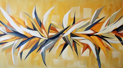 Abstract painting featuring dynamic geometric shapes in a harmonious blend of warm and cool tones