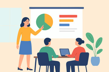 Flat vector of woman explaining pie chart presentation in office teamwork.