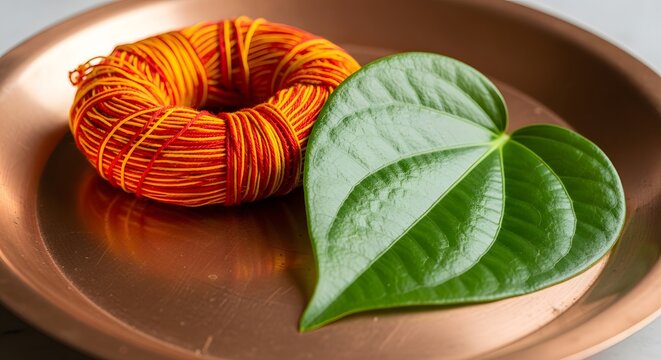 A fresh green betel leaf and a sacred orange thread coil on a copper plate for a traditional Hindu puja ceremony.