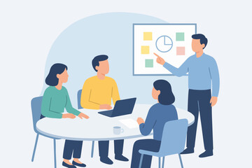 Flat vector illustration of office team meeting with timeline and clock chart presentation.