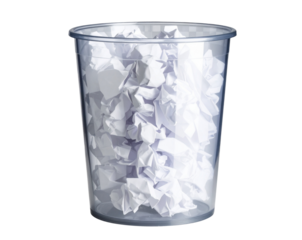 Transparent Glass Trash Bin Icon Filled with Paper, isolated on a transparent background