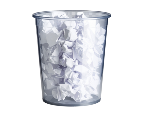 Transparent Glass Trash Bin Icon Filled with Paper, isolated on a transparent background