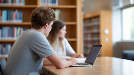Fototapeta premium Young male student with curly hair is studying at a wooden table in a library, focused on his laptop while a female student works in the background, creating a collaborative learning atmosphere