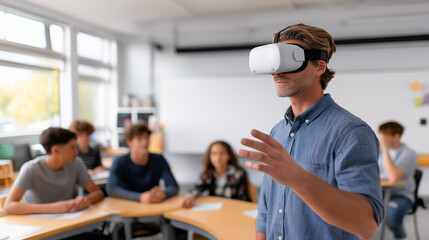 Male student wearing virtual reality headset engages with immersive technology in modern classroom, surrounded by peers observing the innovative learning experience