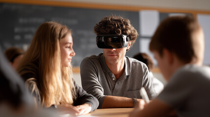 Young male student wearing virtual reality headset engages in immersive learning experience in classroom, surrounded by peers, showcasing modern educational technology and collaboration