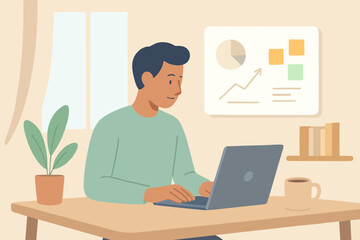 Flat vector illustration of man working with laptop in modern office workplace.