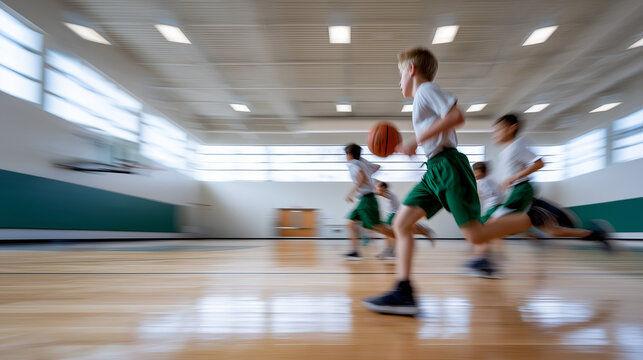 Young boy in motion dribbling basketball during practice session in gymnasium, showcasing athleticism and teamwork among peers in dynamic sports environment