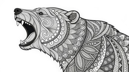 A realistic black and white line art illustration of a bear head with intricate Zentangle and paisley patterns. image is suitable for websites or blogs about spiritual topics, yoga, or coloring boo