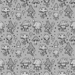 Seamless vector pattern of gnome village with mushroom houses in simple cute flat style perfect for kids fantasy themes fairy tale backgrounds fabric wallpaper