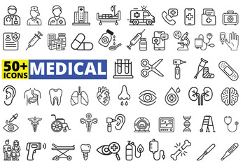 50+ Medical Icons Vector Set – Healthcare, Hospital, and Medicine Line Icons