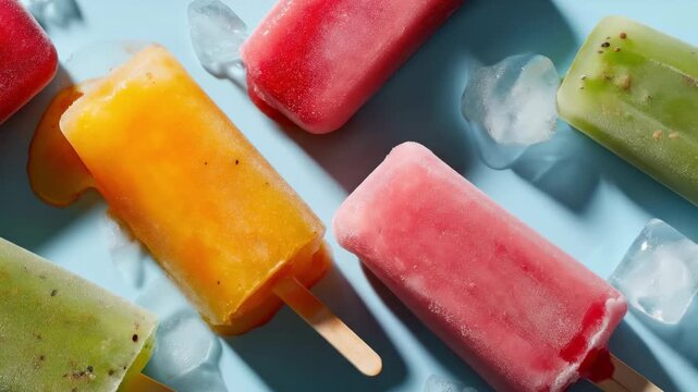 A colorful popsicle ice summer frozen fruit sweet refreshing dessert cold treat popsicles with melting ice cubes blue background, vibrant and sweet summer frozen treats, perfect for hot weather