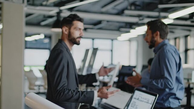 Two men in an office talking. Men discuss their work in the office. Business teamwork planning technology professionals. Two men conversing in an office lifestyle.
