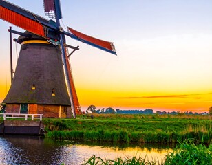 Dutch windmill at sunset over a canal