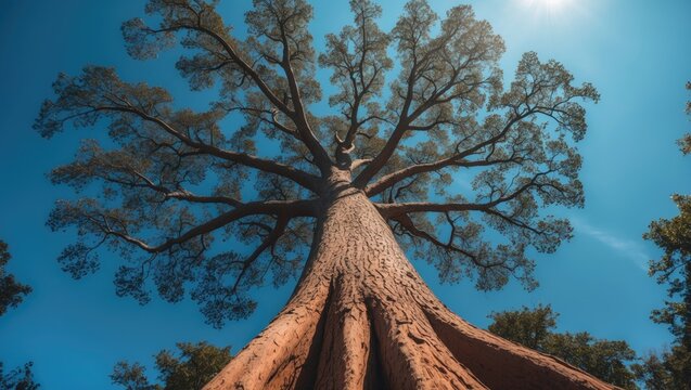 A tall tree viewed from the ground with a blue sky and bright sunlight. Nature and forestry, concept. The beauty of trees and natural environments.