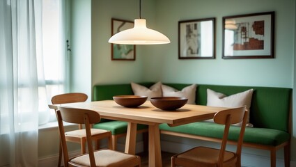 Cozy dining area with a wooden table, chairs, green sofa, pendant light, and framed artwork on pastel wall.
