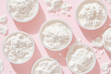 Flour in bowls arranged on pink background with powder scattered, minimal flatlay setup for baking, cooking or food preparation scene