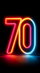 Neon sign with the number 70 in neon colors. The sign is lit up and he is glowing