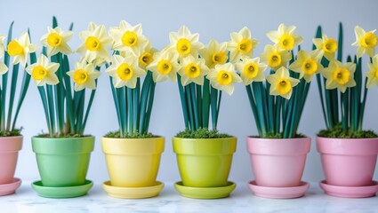 Colorful daffodil flowers in pots with saucers, pastel pink, yellow, and green, arranged in a row against a neutral background.