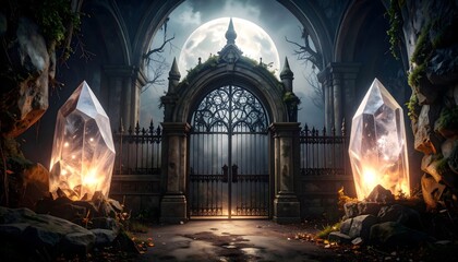 Magical gate guarded by crystals glows