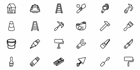 Illustration of various construction and building icons including tools and safety equipment in black outline