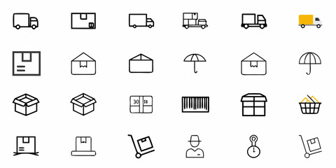 Fototapeta premium Illustration of various shipping and delivery icons including trucks boxes and other related elements