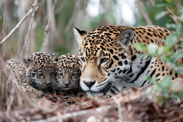 Naklejka premium A jaguar playing with its cubs