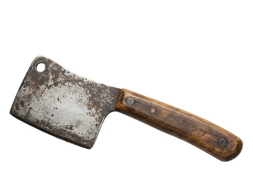Rusty cleaver with wooden handle on transparent background
