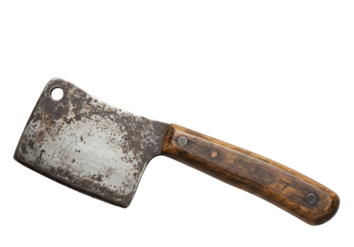 Rusty cleaver with wooden handle on transparent background