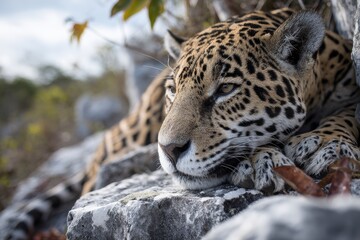 A jaguar resting on a rock