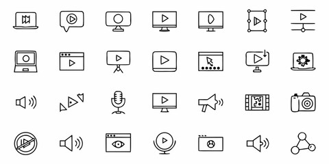 Fototapeta premium Various media and technology icons including video players computers cameras and sound related symbols art