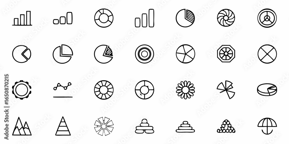 Poster collection of various chart types and diagram icons including bar pie line and geometric shapes set 