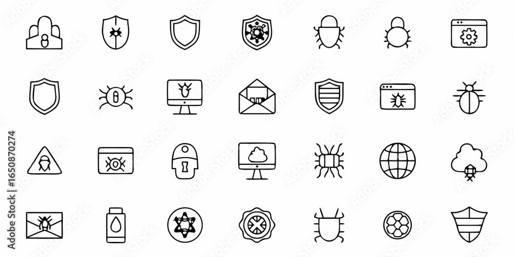 Aufkleber outline icons representing cybersecurity threats and protection measures displayed in a grid format