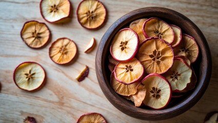 Fototapeta premium Slices of dried apple in a wooden bowl with some scattered on a wooden surface.