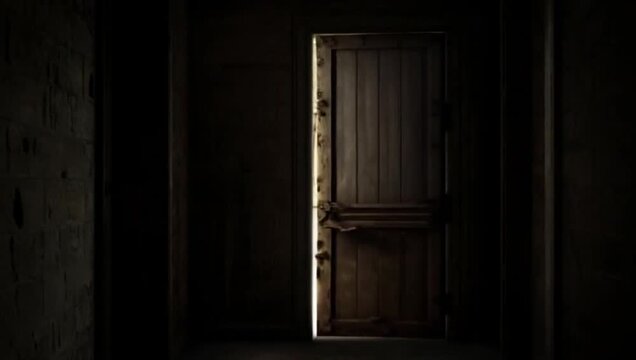 Old wooden door slowly creaking shut on its own: classic Halloween image of fear and mystery