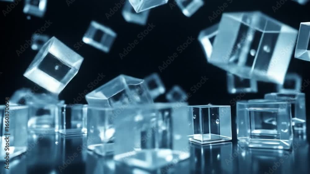 Poster elegant motion graphics: transparent cubes floating over reflective surface animation