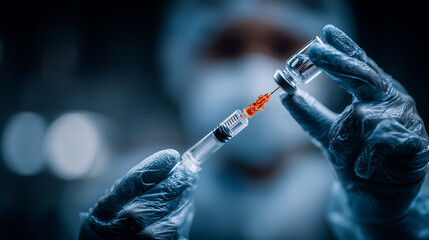 Close-up of medical professional preparing syringe with vaccine from vial in sterile environment