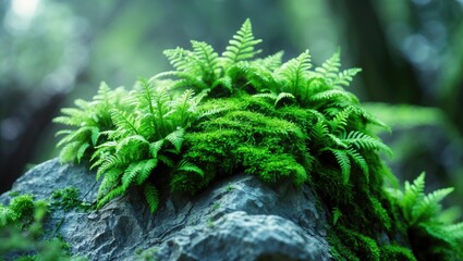 Lush green fern plants growing on a moss-covered rock in a forest environment. Nature and greenery, flora and plants. The concept of natural ecology and plant life.