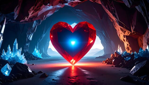 Pulsing red heart crystal in cave mouth