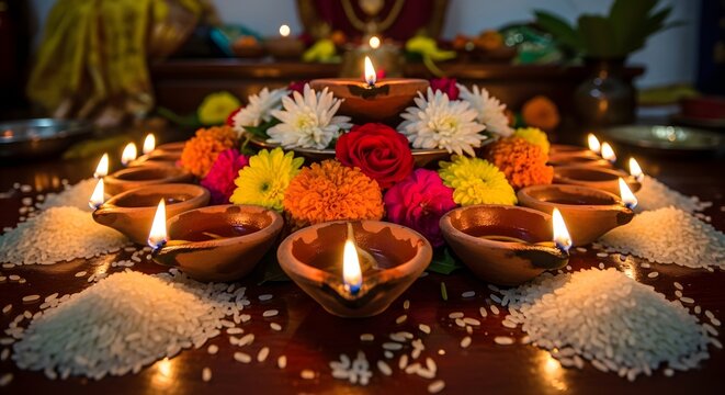 A vibrant display of lit oil lamps with colorful flowers and rice, celebrating a traditional religious ceremony. - Powered by Adobe