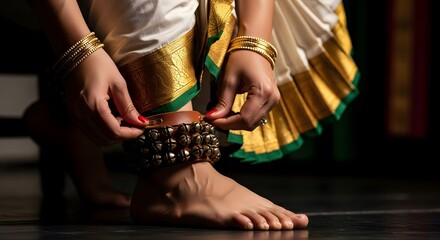 Close-up of a dancer's hands fastening an anklet with bells on her ankle, wearing a traditional white and gold sari.