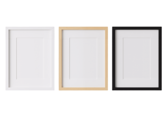 This high-resolution image presents three sleek, minimalist picture frames arranged in a clean horizontal line against a pure white background. From left to right: a crisp white frame, a warm natural 