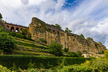 The Bock fortifications with it's Casemates and the connecting bridge called Pont du ch&acirc;teau on the left in Luxembourg City