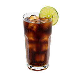 This high-resolution image presents a refreshing iced cola served in a tall, clear highball glass against a pristine white background. The dark amber liquid is filled with large, translucent ice cubes